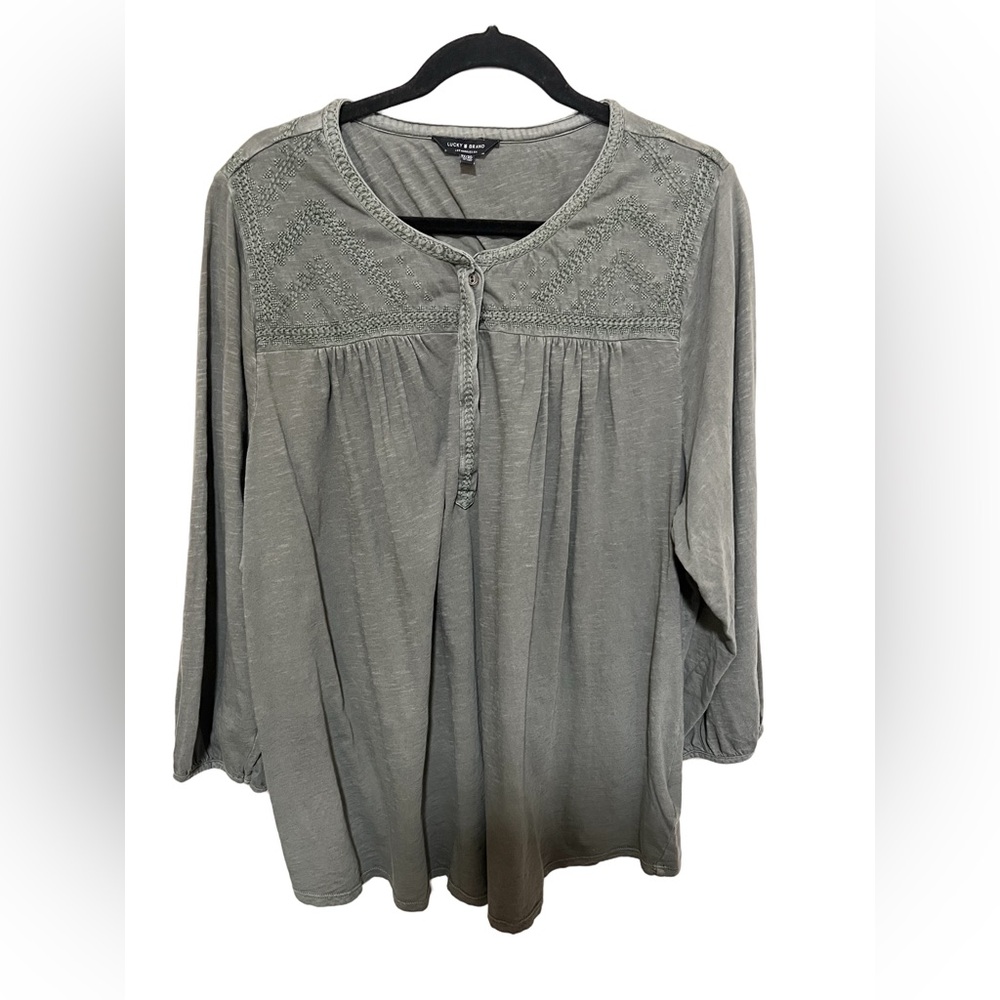 Lucky Brand 3X Embroidered Henley Women Olive Green Cotton Shirt Boho Artsy